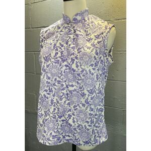 Vintage 1970s Purple and White Knit Polyester Sleeveless Zip Front Blouse Med